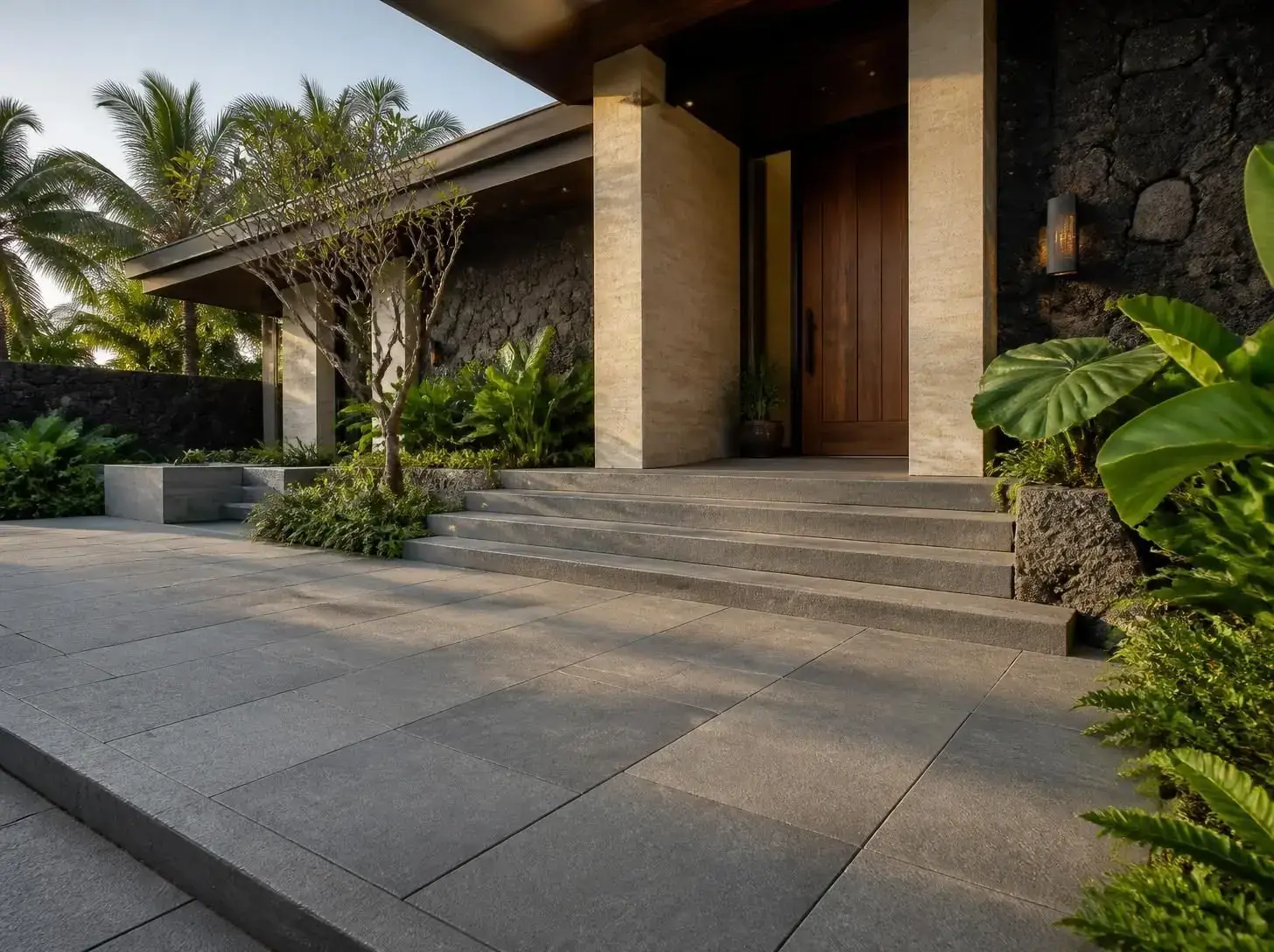 Grey andesite paving at a tropical villa entrance