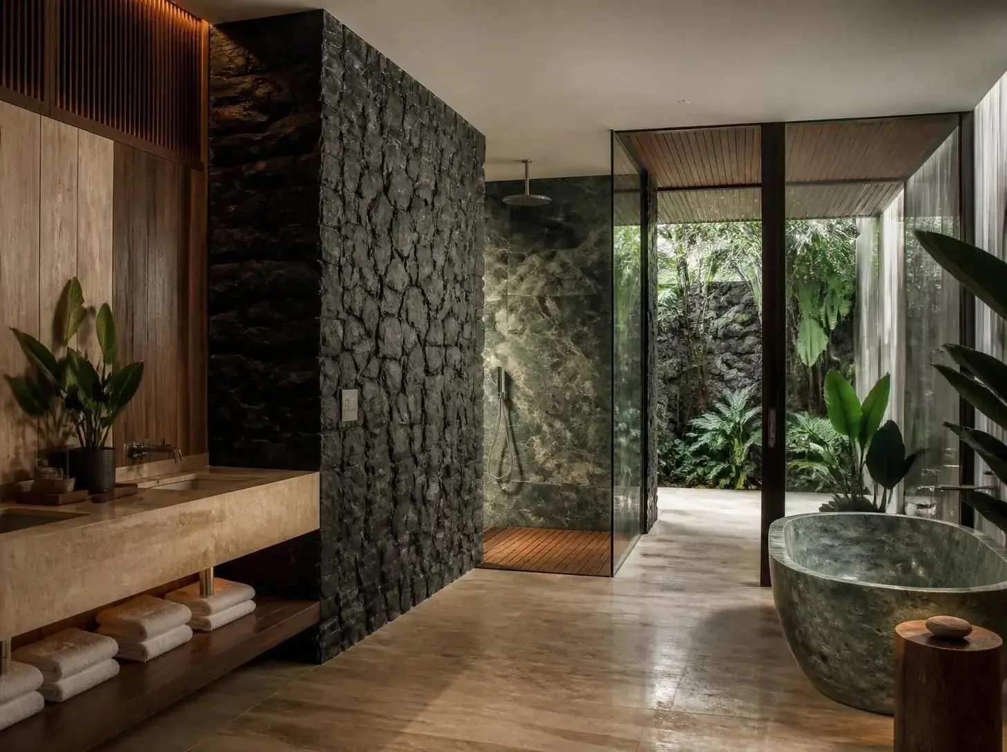 Interior wall clad in Indonesian Black Lava Stone beside a stone basin