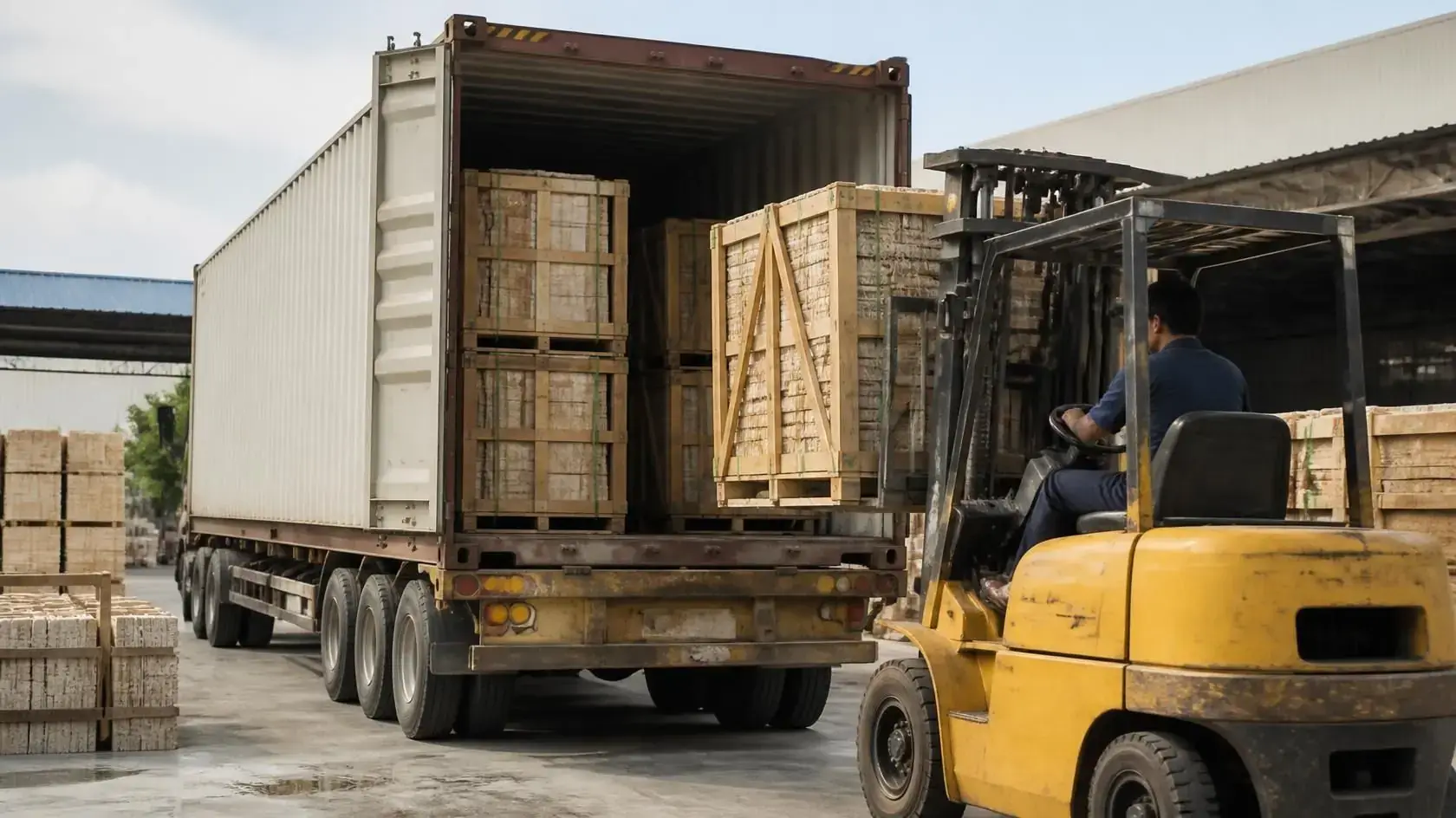 Forklift loading crates of natural stone into a shipping container