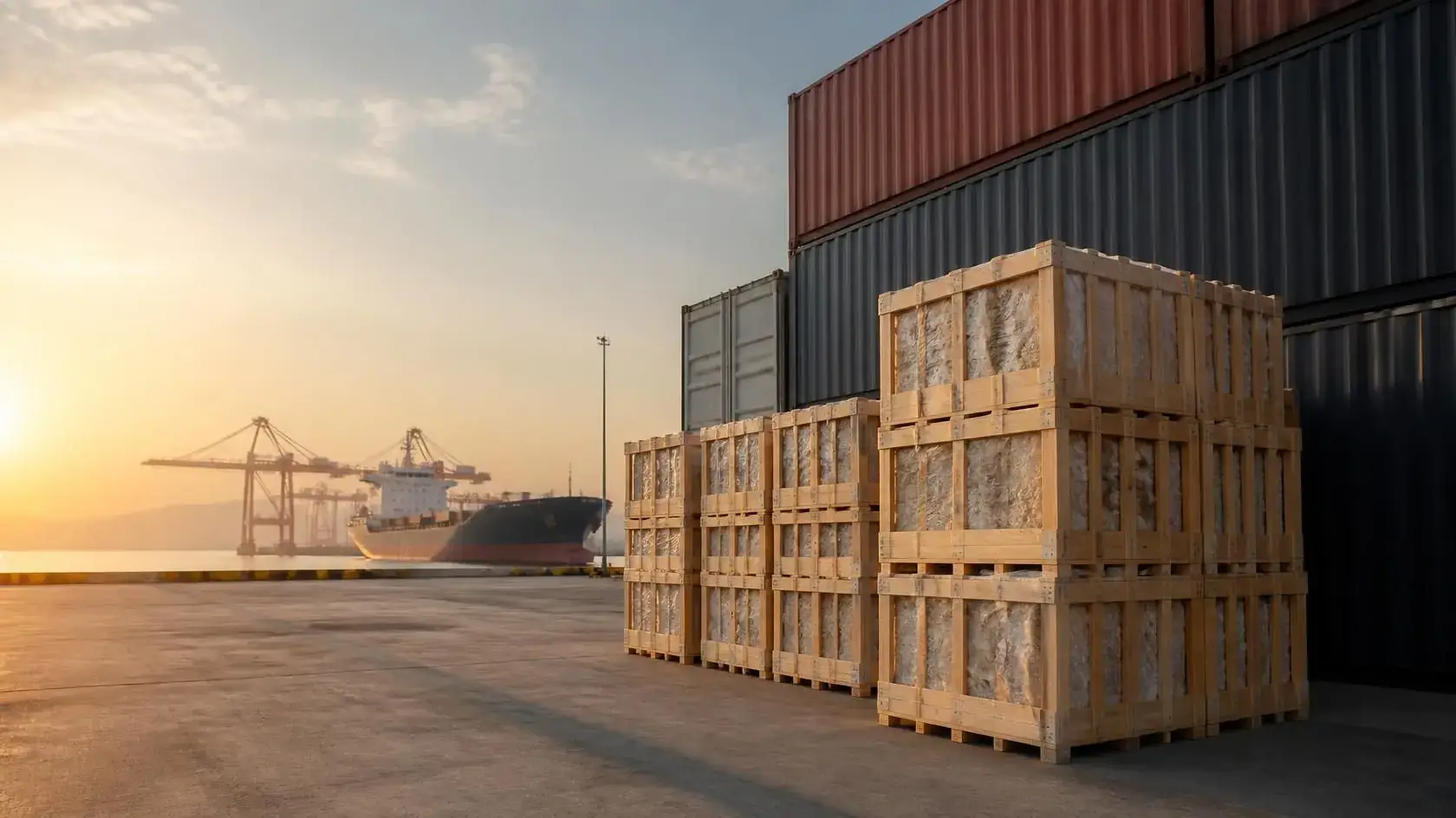 Crates of Indonesian natural stone at the container port