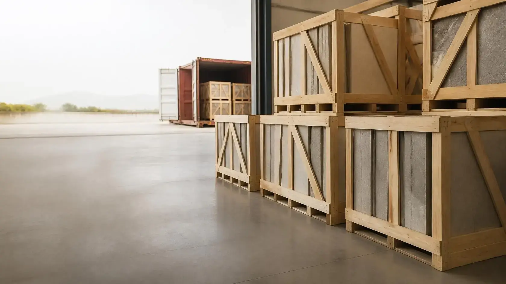 Export crates prepared in the warehouse beside a container
