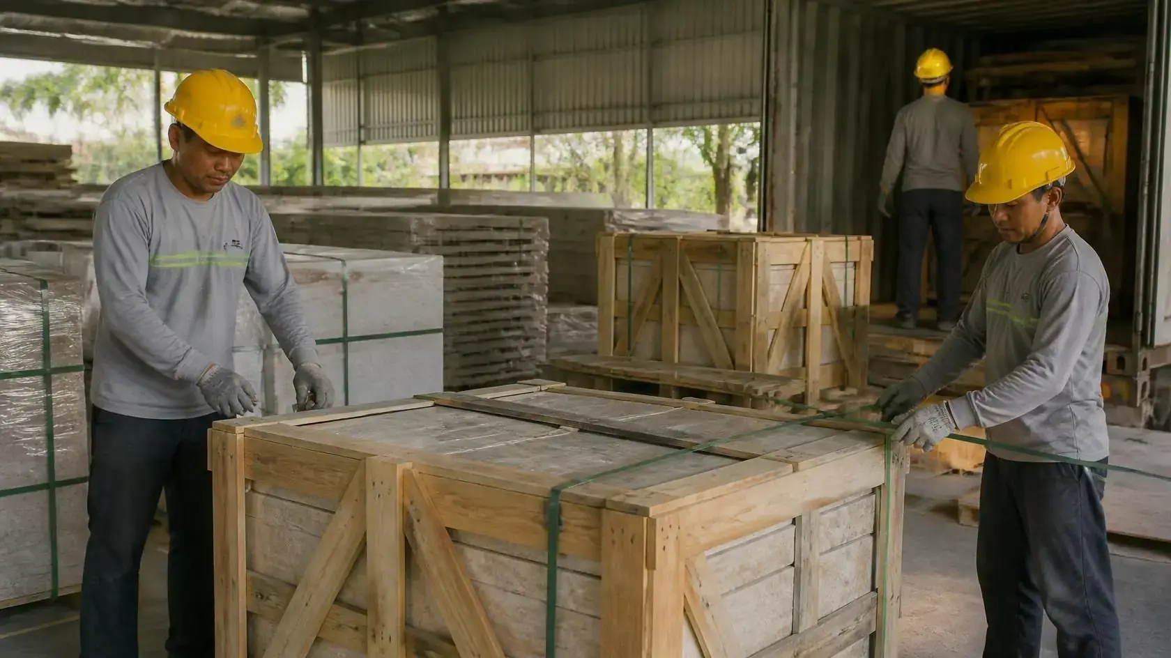 Factory team crating natural stone tiles for export