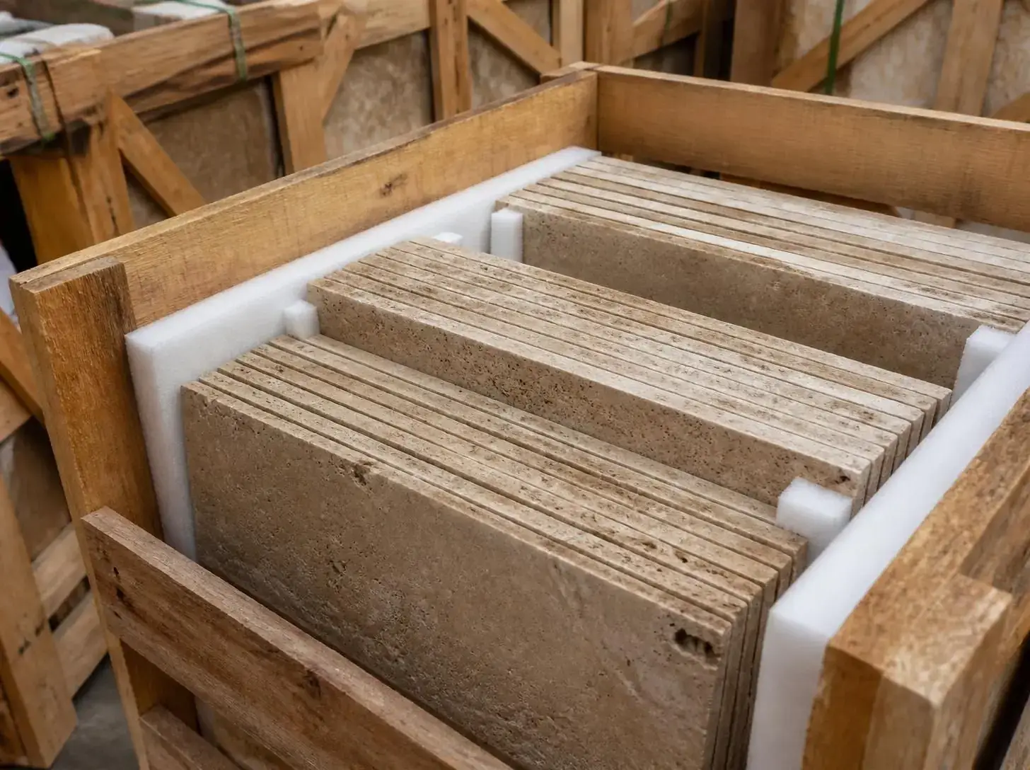 Natural stone slabs packed in a wooden crate with foam protection