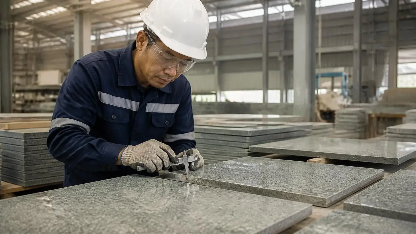 Factory worker inspecting a green stone slab before finishing