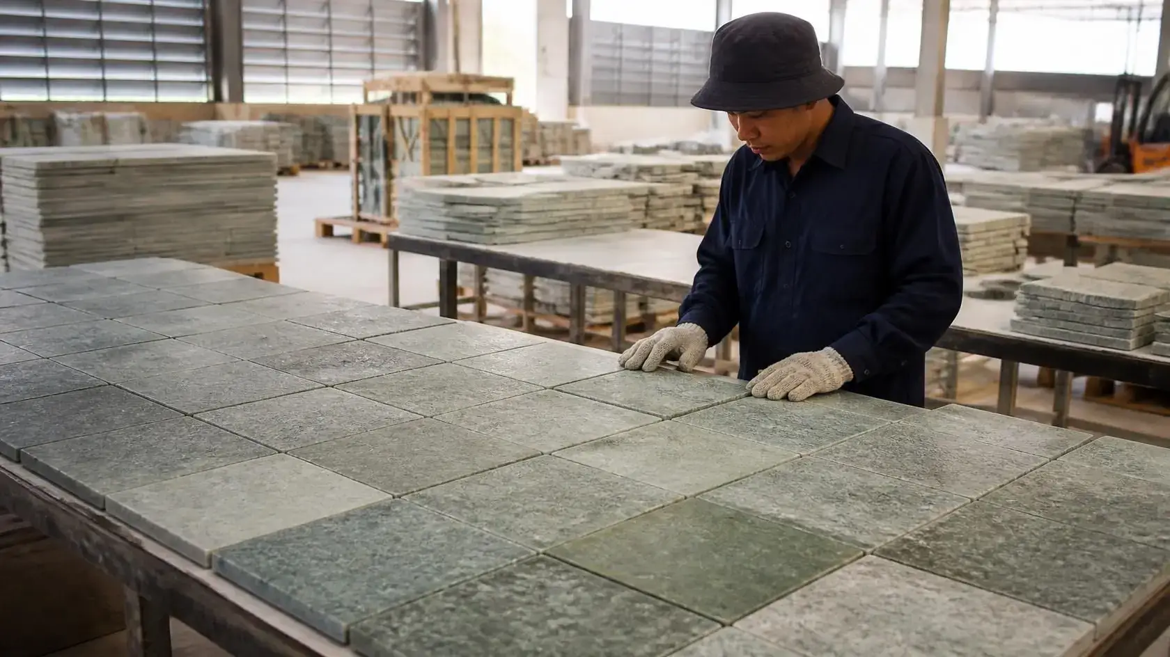 Factory worker colour sorting green stone tiles
