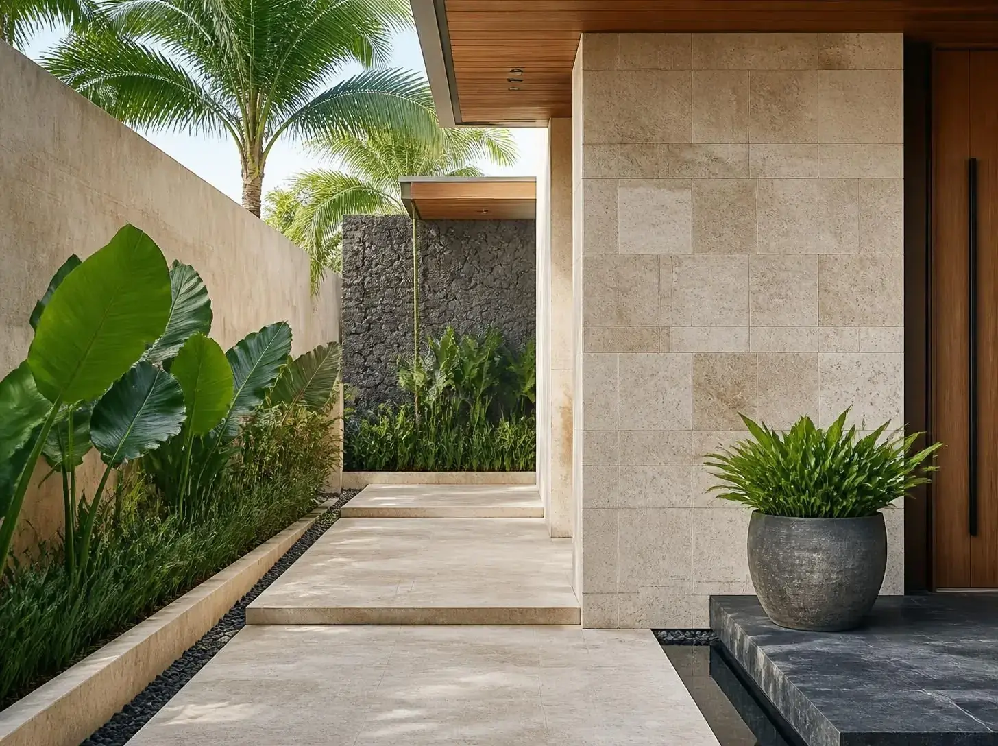 Beige limestone cladding and paving at a tropical villa