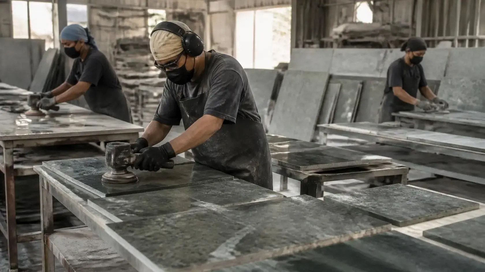 Workers finishing green stone slabs on the production line
