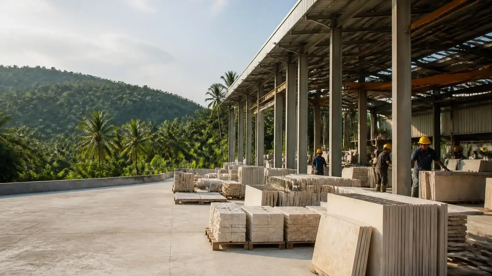 Natural stone slabs stacked in the Zeolite Factory yard in Sukabumi