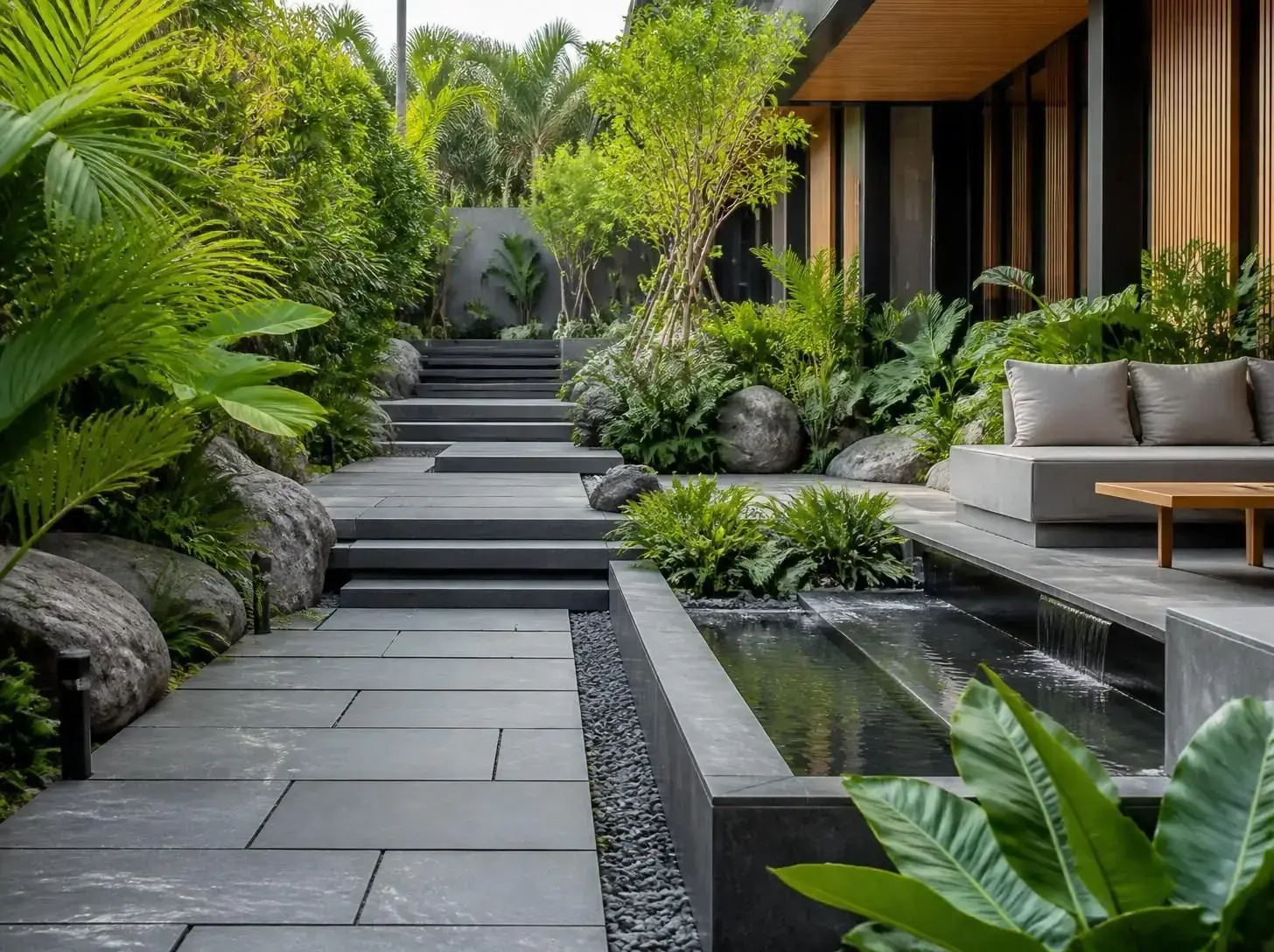 Stone steps beside a garden water feature