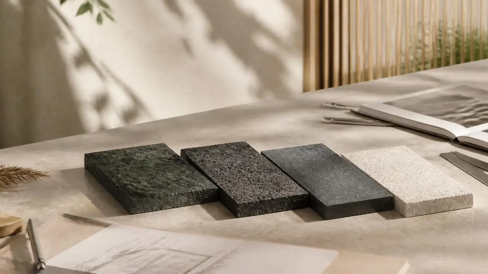 Beige limestone samples with darker Indonesian stones