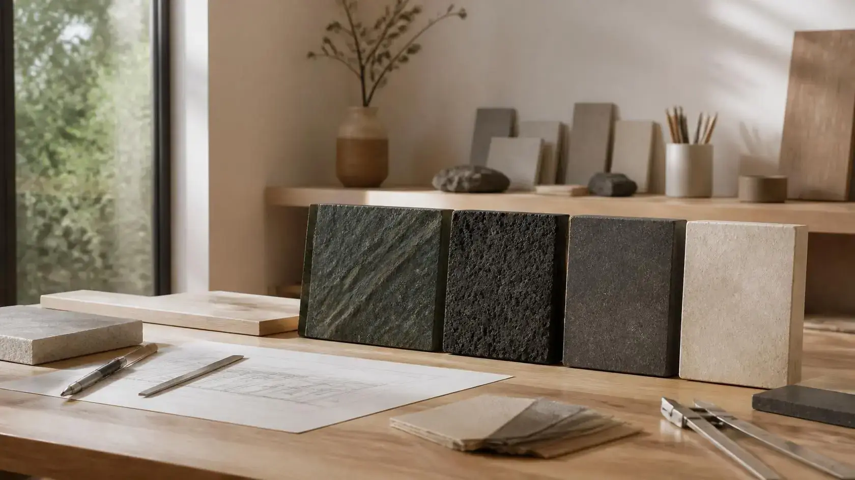 Paras limestone samples on a showroom shelf