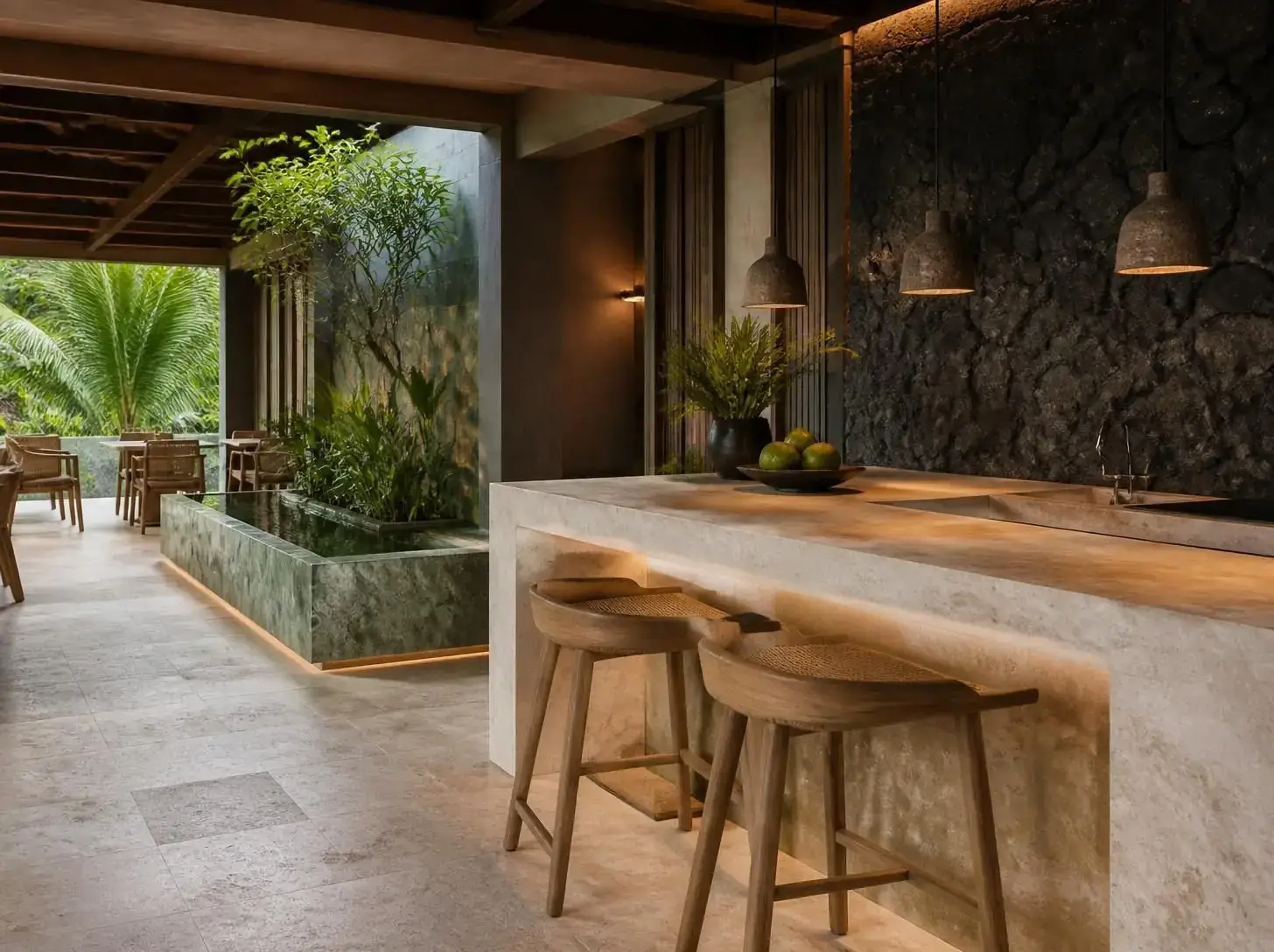 Villa interior with natural stone surfaces