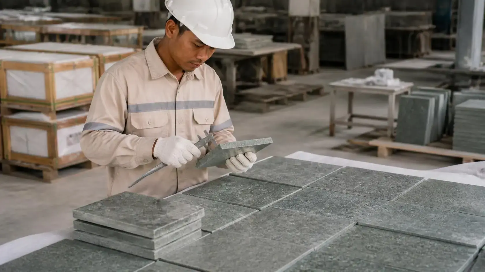 Quality inspector measuring green stone tiles before packing