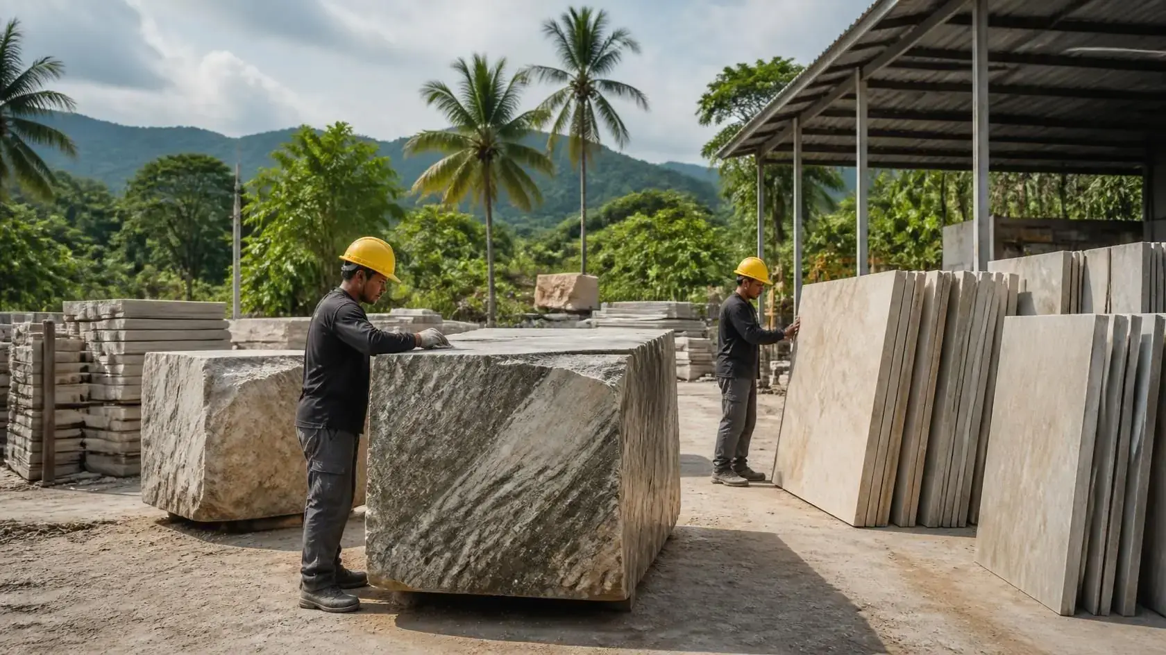 Raw natural stone blocks in the factory yard before cutting