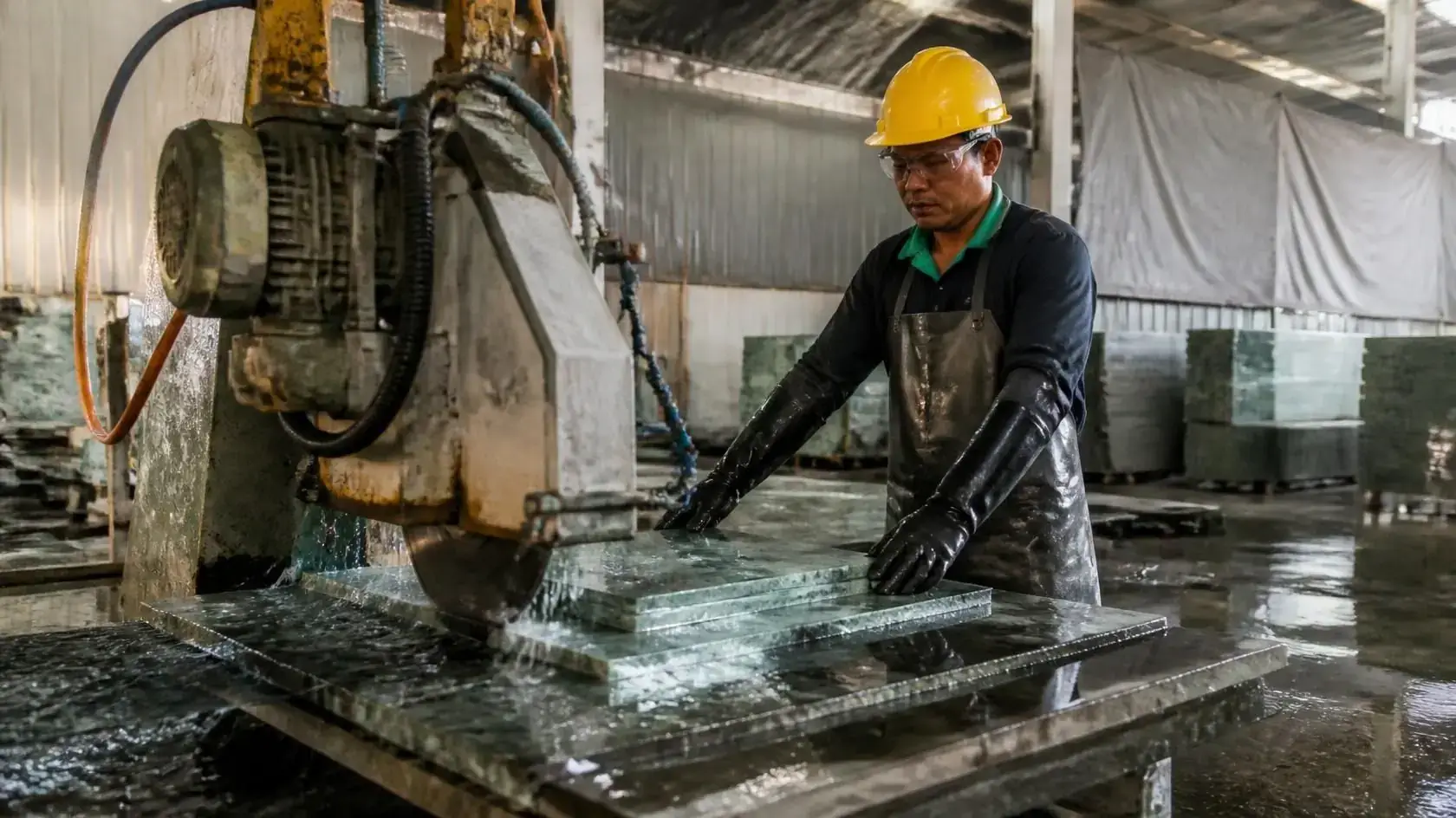 Wet saw cutting natural stone slabs in the workshop