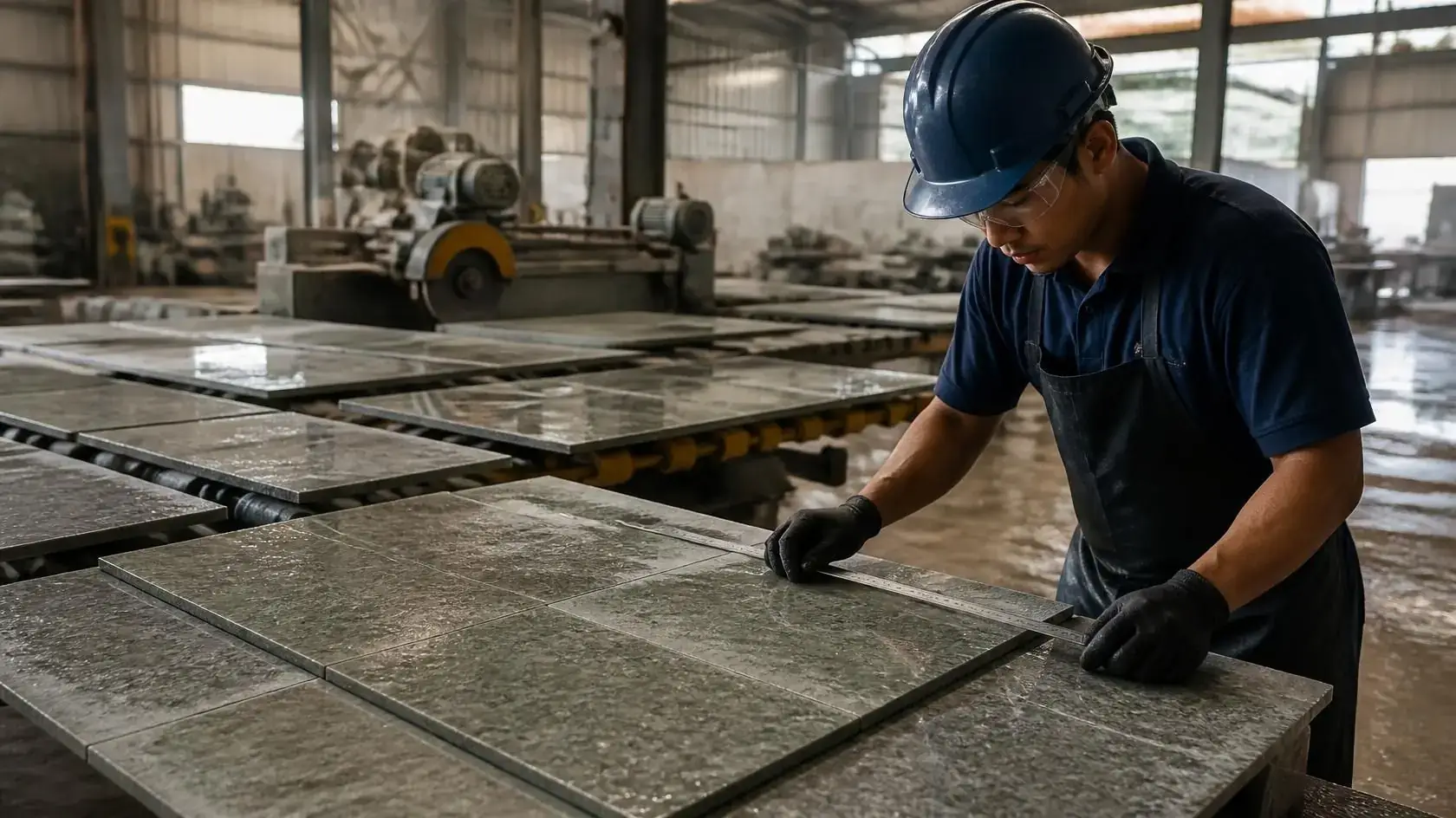 Worker sizing natural stone tiles at a cutting table