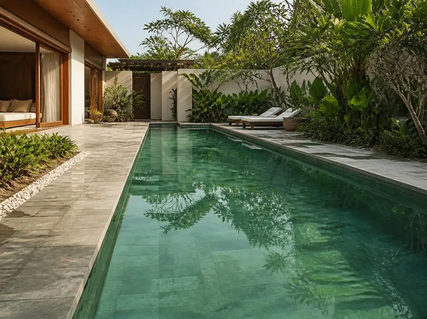 Piscina de villa revestida con Piedra Verde Sukabumi rodeada de vegetación tropical